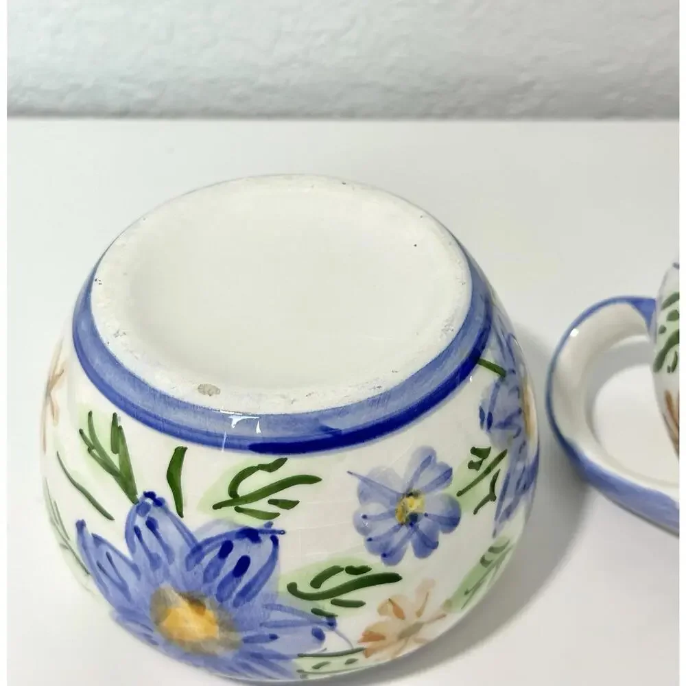 VTG Ceramic Sugar Bowl & Creamer Floral Pattern White Blue & Yellow Italy Made